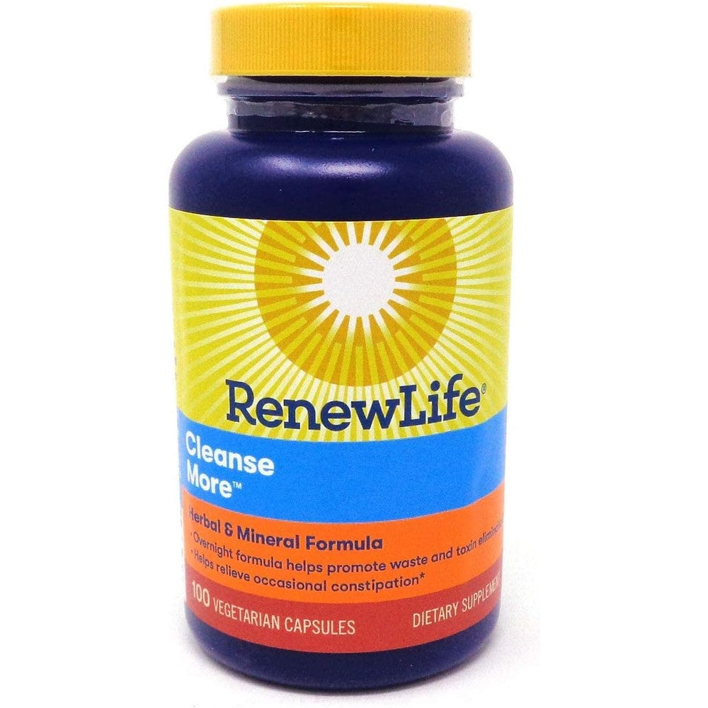 Renew Life Cleanse More 100 Vegetarian Capsules front view bottle for overnight constipation relief