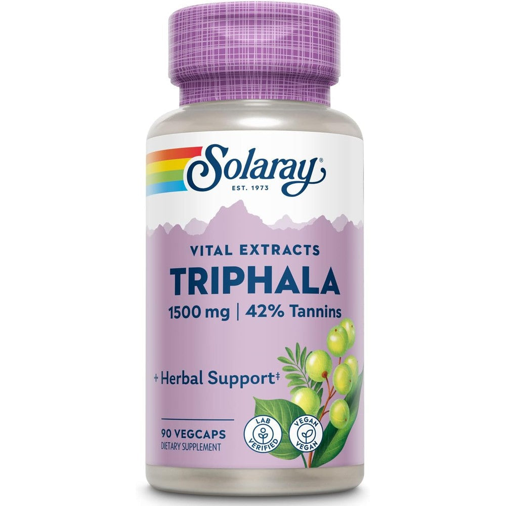 Solaray Triphala Extract 500mg 90 vegetarian capsules front bottle view for natural bloating relief.