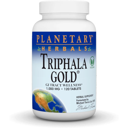Planetary Herbals Triphala Gold 1000mg 120 tablets front view bottle for digestive support.