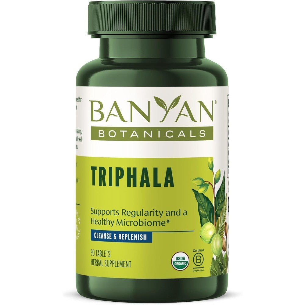 Banyan Botanicals Organic Triphala 180 tablets front bottle view showing USDA Organic certification seal