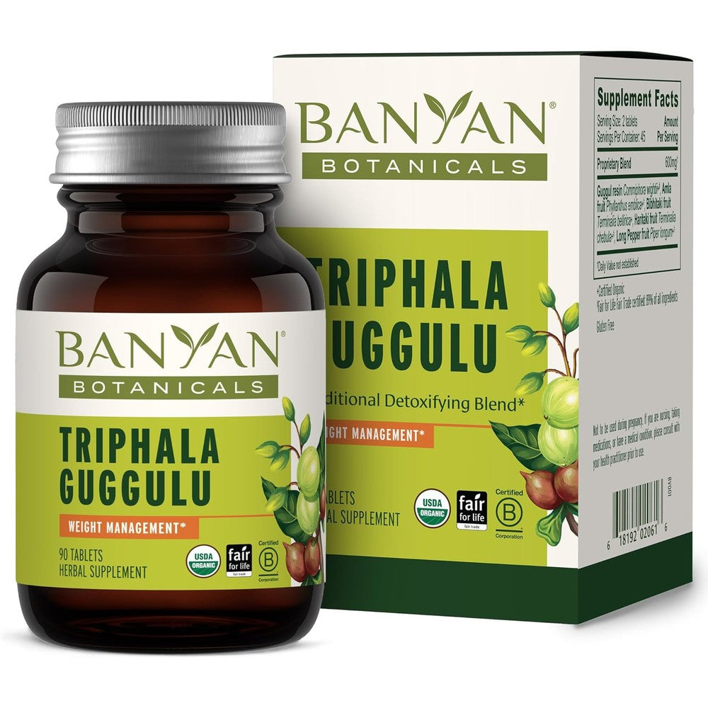 Banyan Botanicals Triphala Guggulu Organic 90 Tablets front view bottle for premium Ayurvedic detoxification