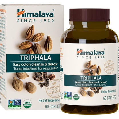 Himalaya Organic Triphala 688 mg 60 caplets bottle front view for premium digestive health support.