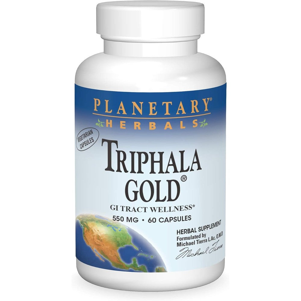 Planetary Herbals Triphala Gold 550mg 60 vegetarian capsules front view bottle for digestive health