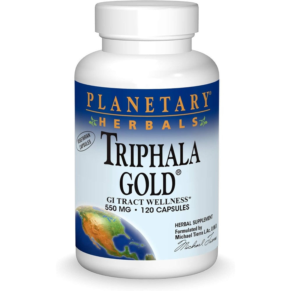 Planetary Herbals Triphala Gold 550mg 120 vegetarian capsules bottle front view
