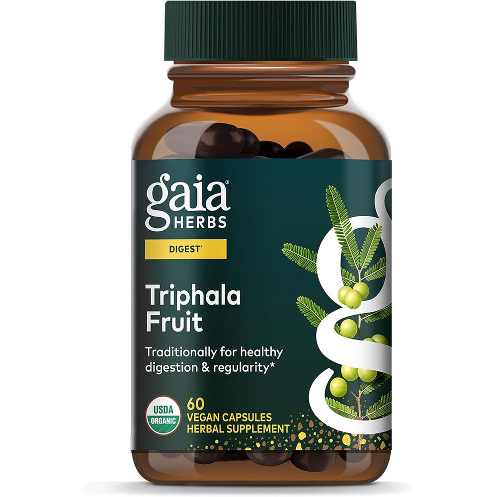 Gaia Herbs Triphala Fruit 60 Vegan Capsules front bottle view for digestive regularity