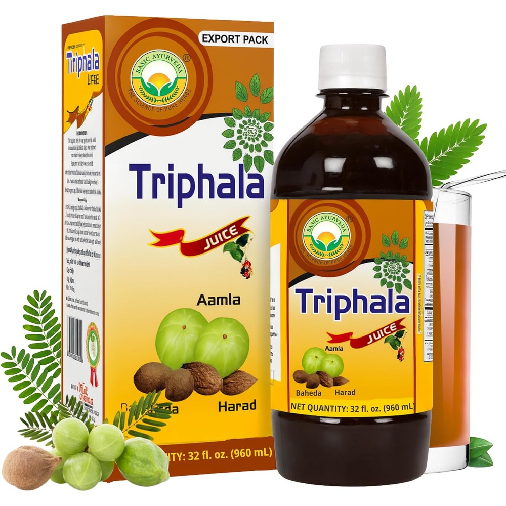 Basic Ayurveda Triphala Juice 960ml front bottle view for digestive health