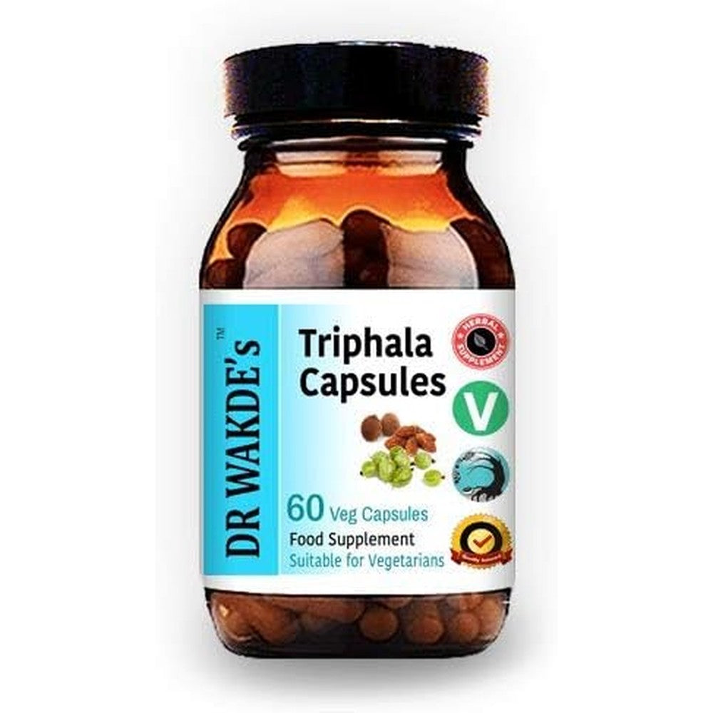 DR WAKDE'S Triphala 60 Vegetarian Capsules front bottle view for natural digestive health.