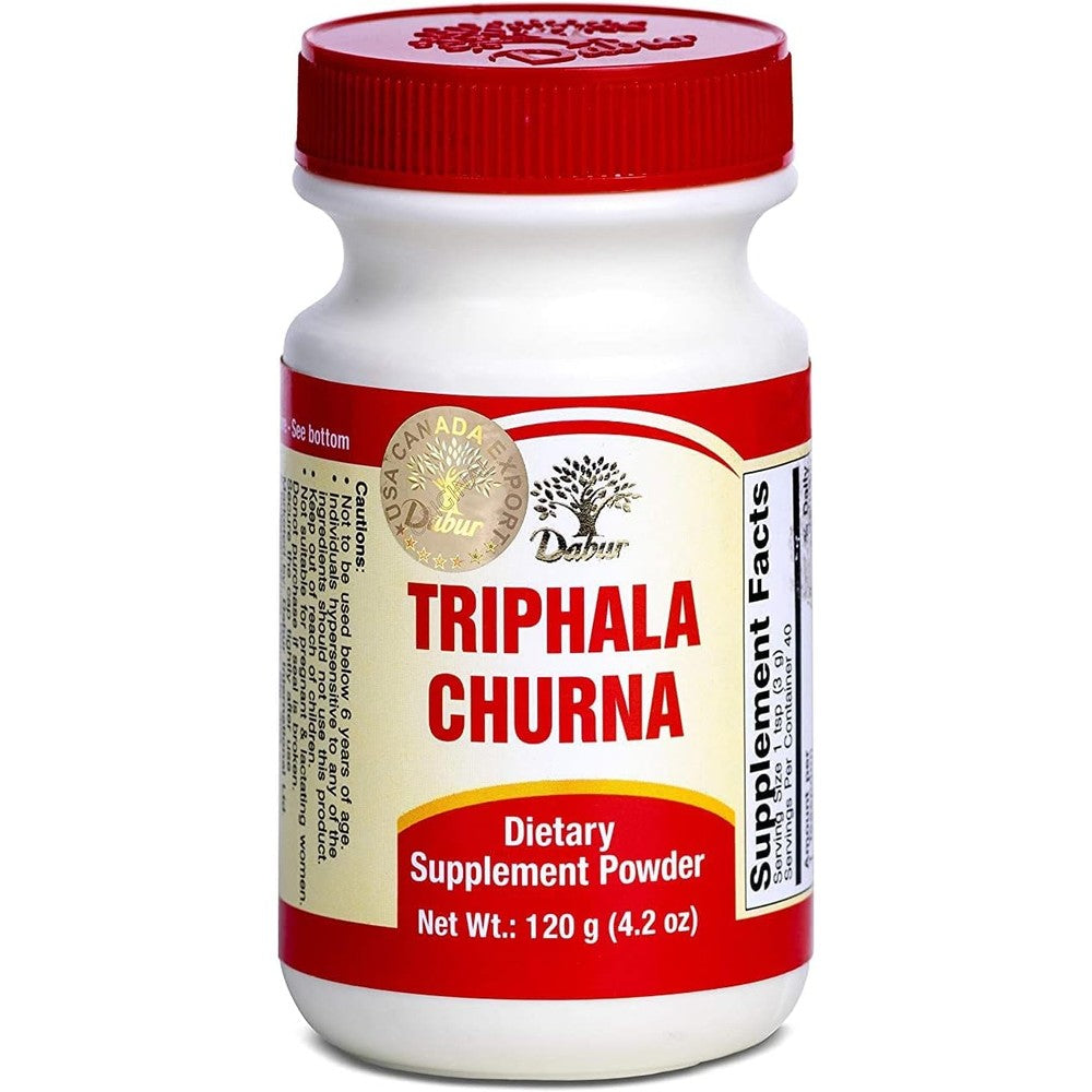Dabur Triphala Churna 120 Grams jar front view showing Ayurvedic digestive powder ingredients.