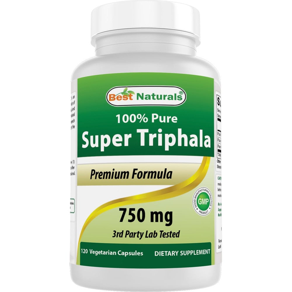 Best Naturals Super Triphala 750 mg 120 vegetarian capsules front view showing the product label