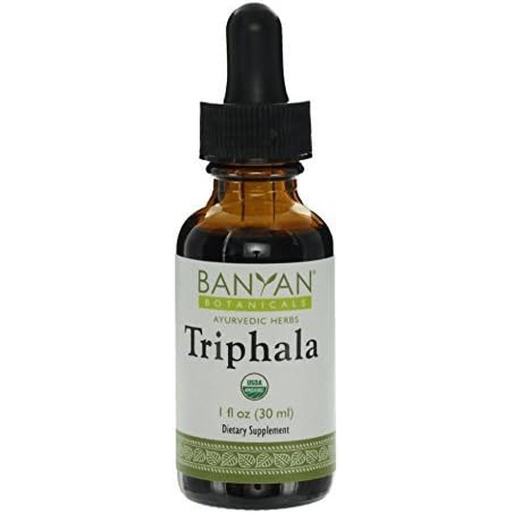 Banyan Botanicals Organic Triphala Liquid Herbal Extract front view bottle for natural digestive health support