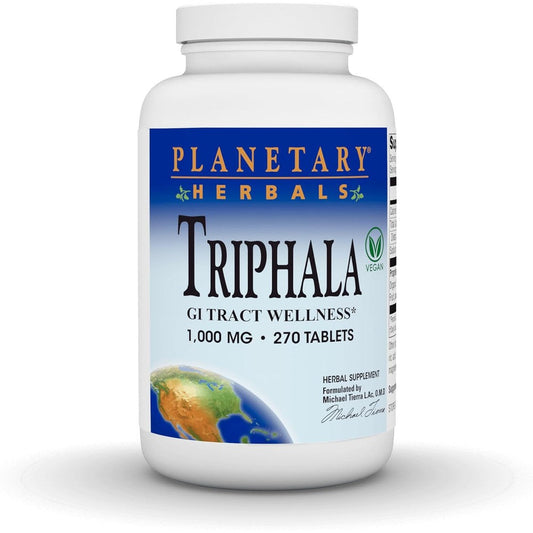 Planetary Herbals Triphala 1000mg 270 Tablets front view bottle for gentle colon cleanse