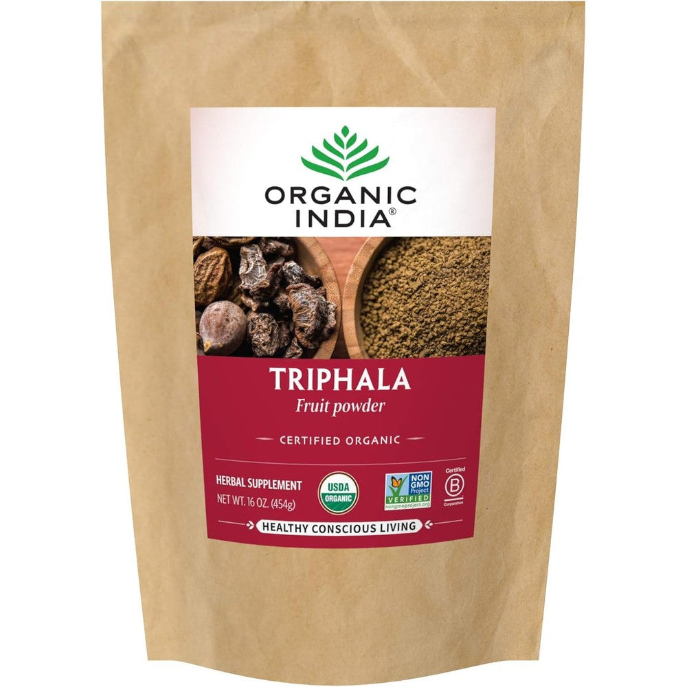Organic India Triphala Powder 1lb front view pouch packaging for digestive wellness