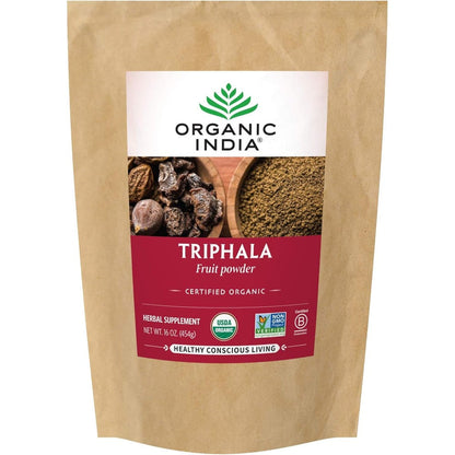 Organic India Triphala Powder 1lb front view pouch packaging for digestive wellness