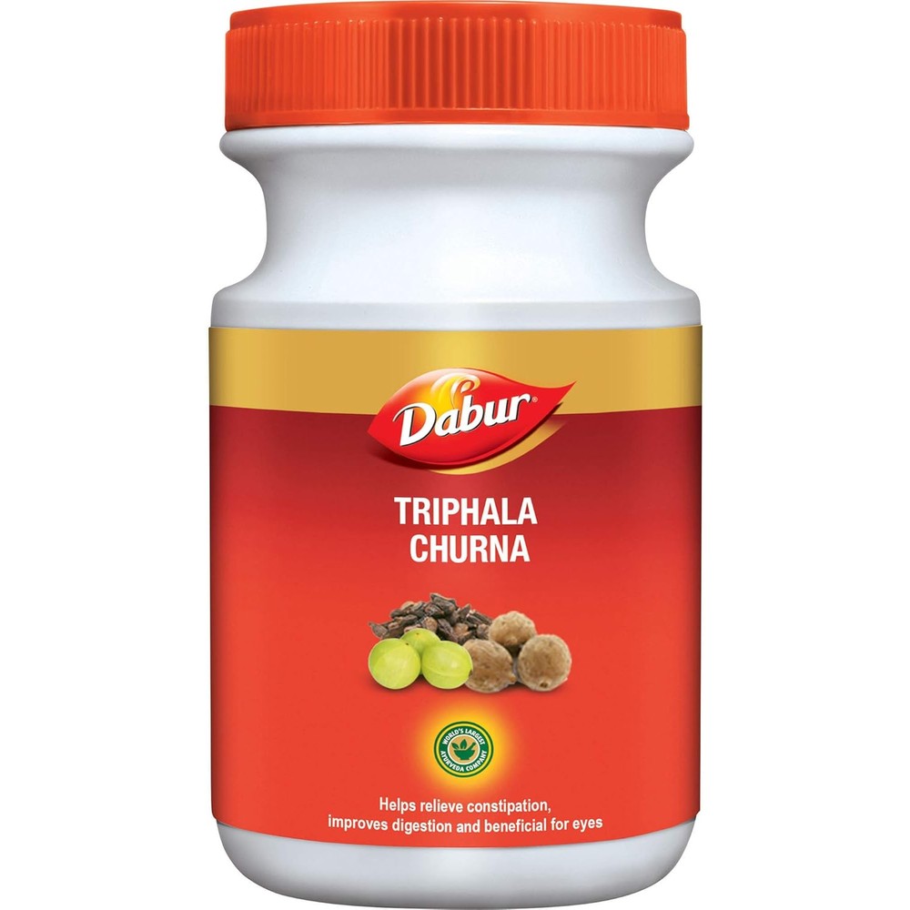 Dabur Triphala Churna 500 grams jar front view displaying original Ayurvedic digestive powder packaging