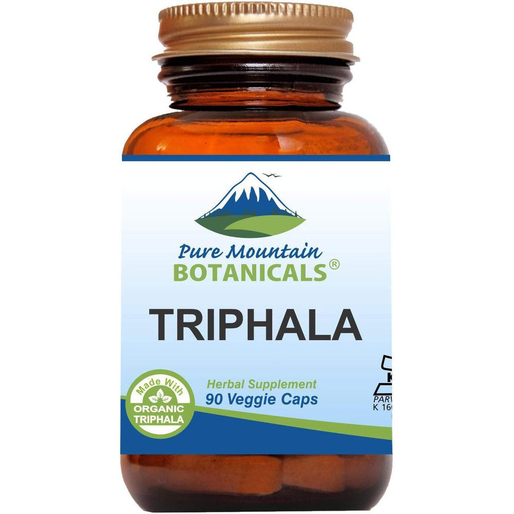 Pure Mountain Botanicals Triphala 90 Vegan Capsules front view bottle for Ayurvedic digestive support.