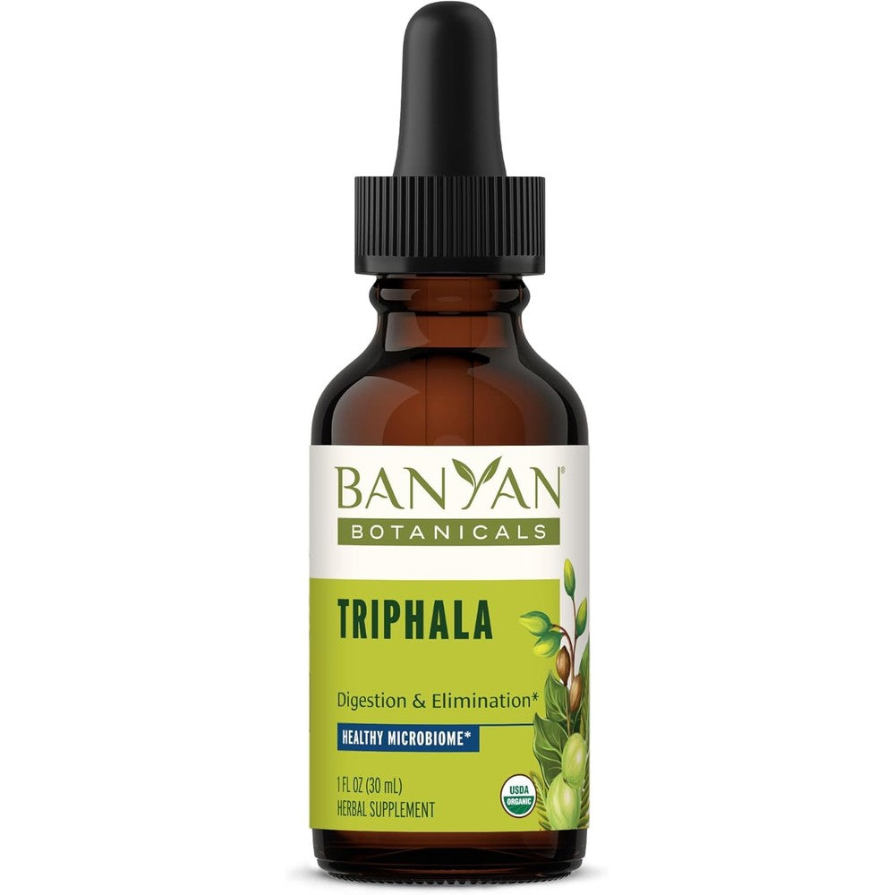 Banyan Botanicals Triphala Liquid Extract 30ml front view bottle for organic digestion support