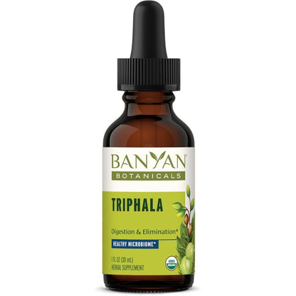 Banyan Botanicals Triphala Liquid Extract 30ml front view bottle for organic digestion support