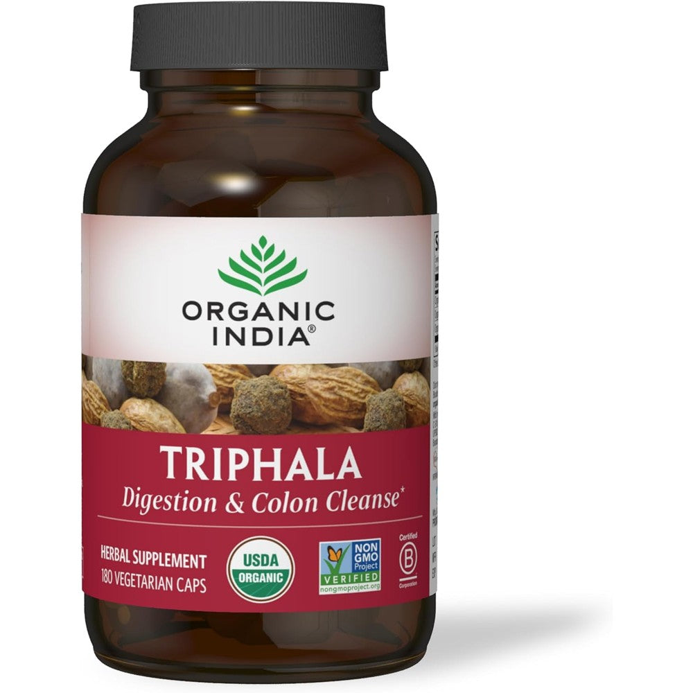 Organic India Triphala 180 capsules front view bottle for natural colon support