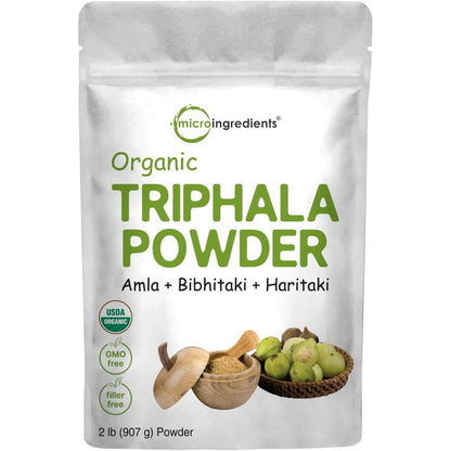 Micro Ingredients Organic Triphala Powder packaging front view showing organic certification logos.