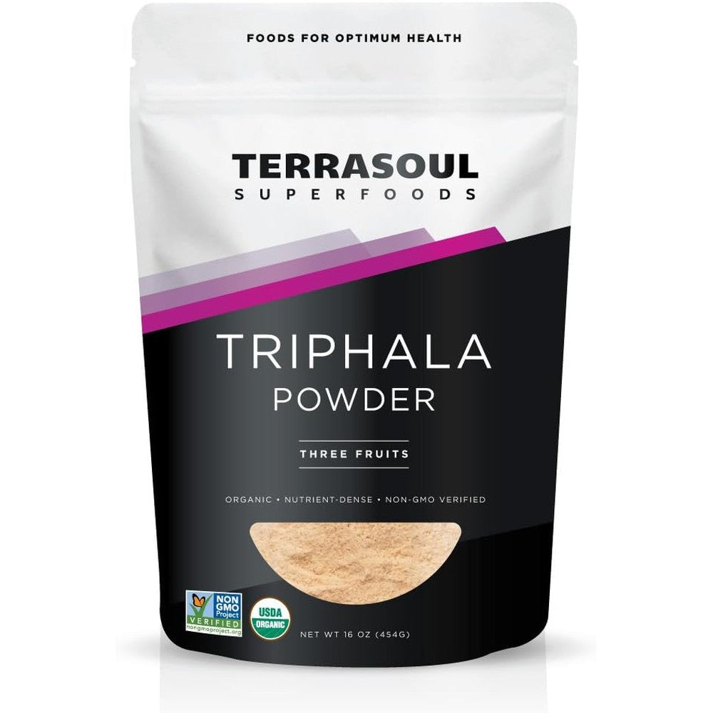Terrasoul Superfoods Organic Triphala Powder 16 Ounces front view pouch for natural body detox.