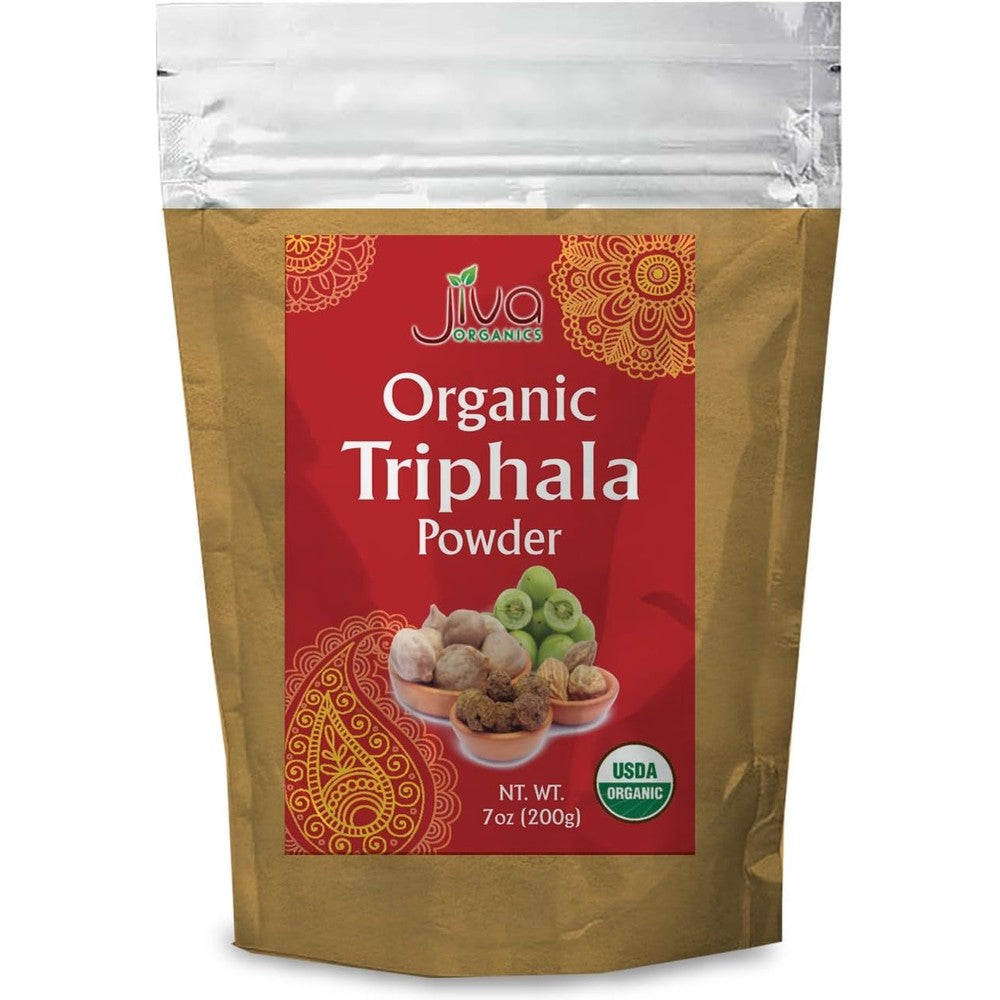 Jiva Organics Organic Triphala Powder front view of seven ounce packaging
