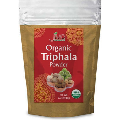 Jiva Organics Organic Triphala Powder front view of seven ounce packaging