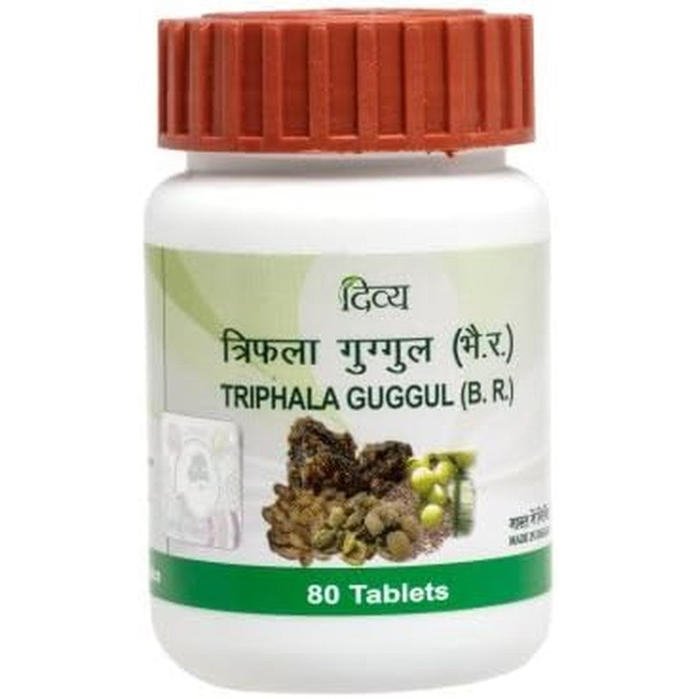 Patanjali Divya Triphala Guggul 80 Tablets Bottle front view ayurvedic digestive supplement