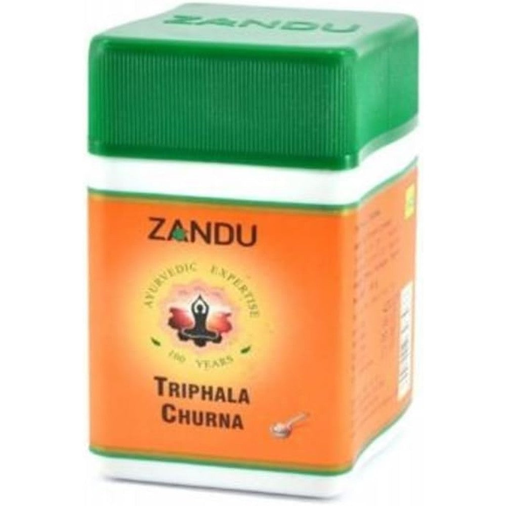 Zandu Triphala Churna 200 grams bottle front view showing authentic Ayurvedic digestive powder packaging