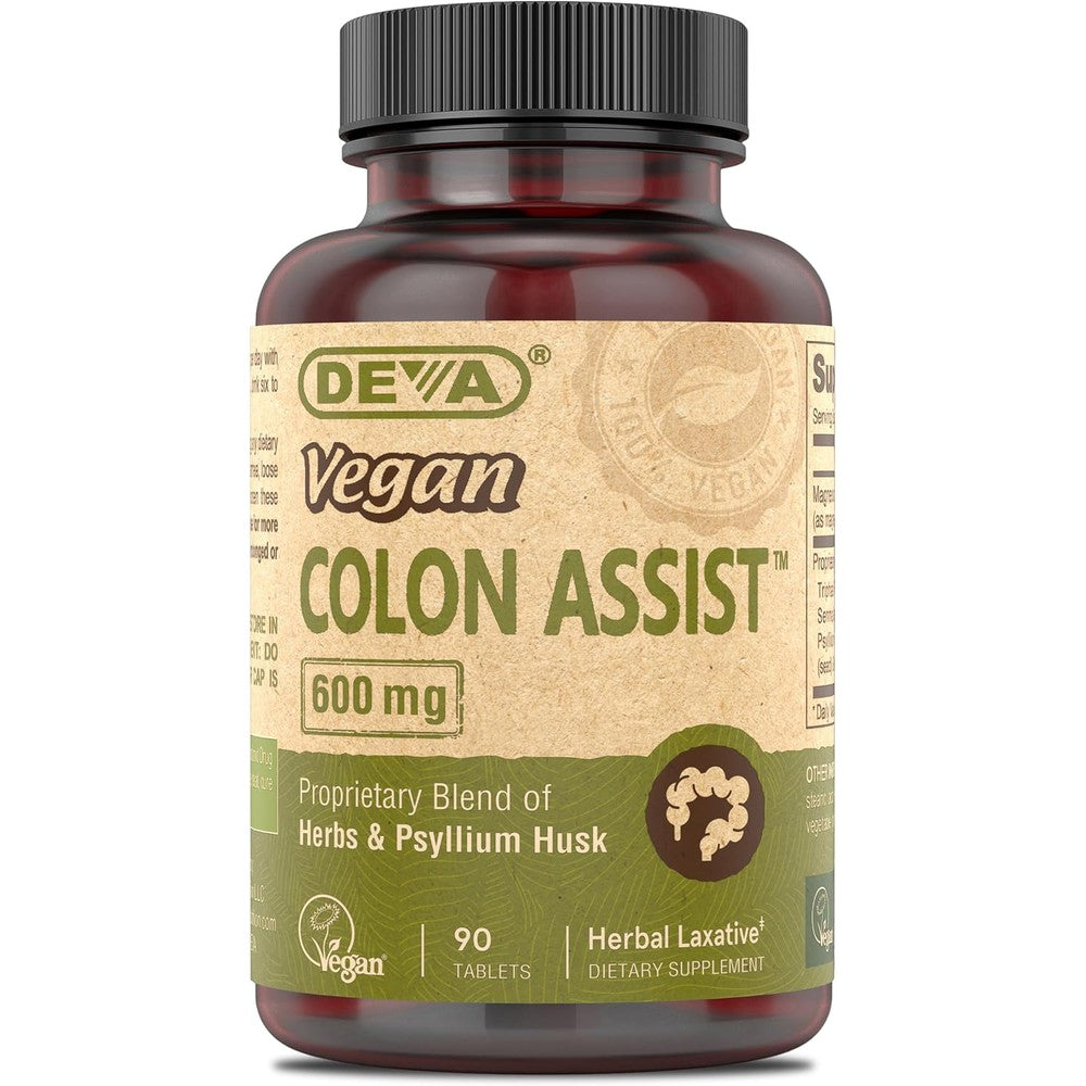 Deva Vegan Colon Assist 90 tablets front bottle view showing authentic imported packaging.