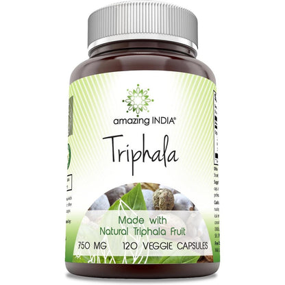 Amazing India Triphala Fruit Supplement 750mg 120 Veggie Capsules front view bottle for digestive health