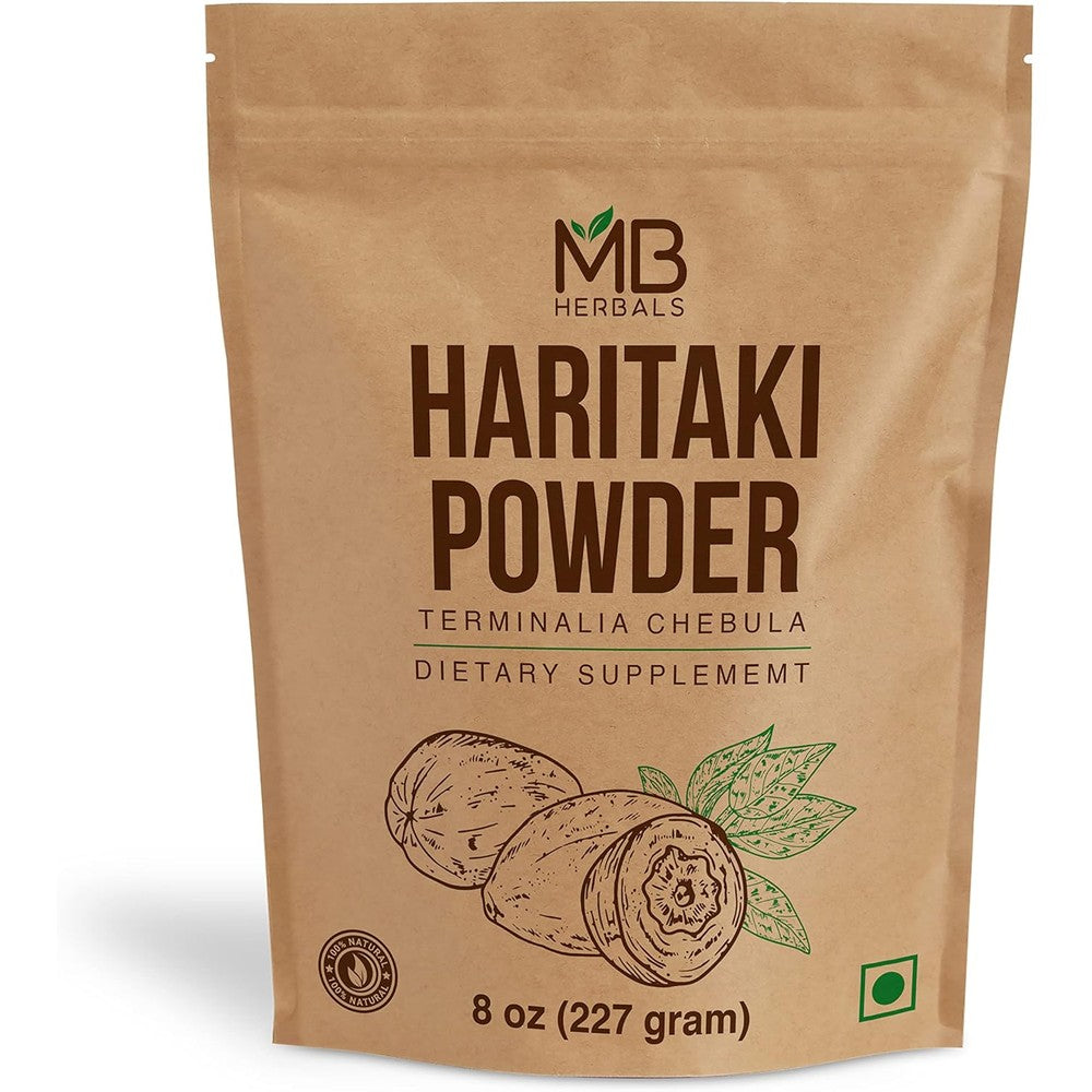 MB Herbals Haritaki Powder 227 Grams front view pouch for natural Ayurvedic digestive detox