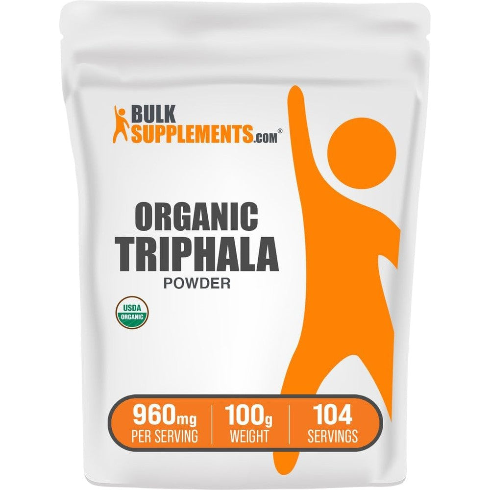 BulkSupplements Organic Triphala Powder 100 grams front view packaging for digestive health.