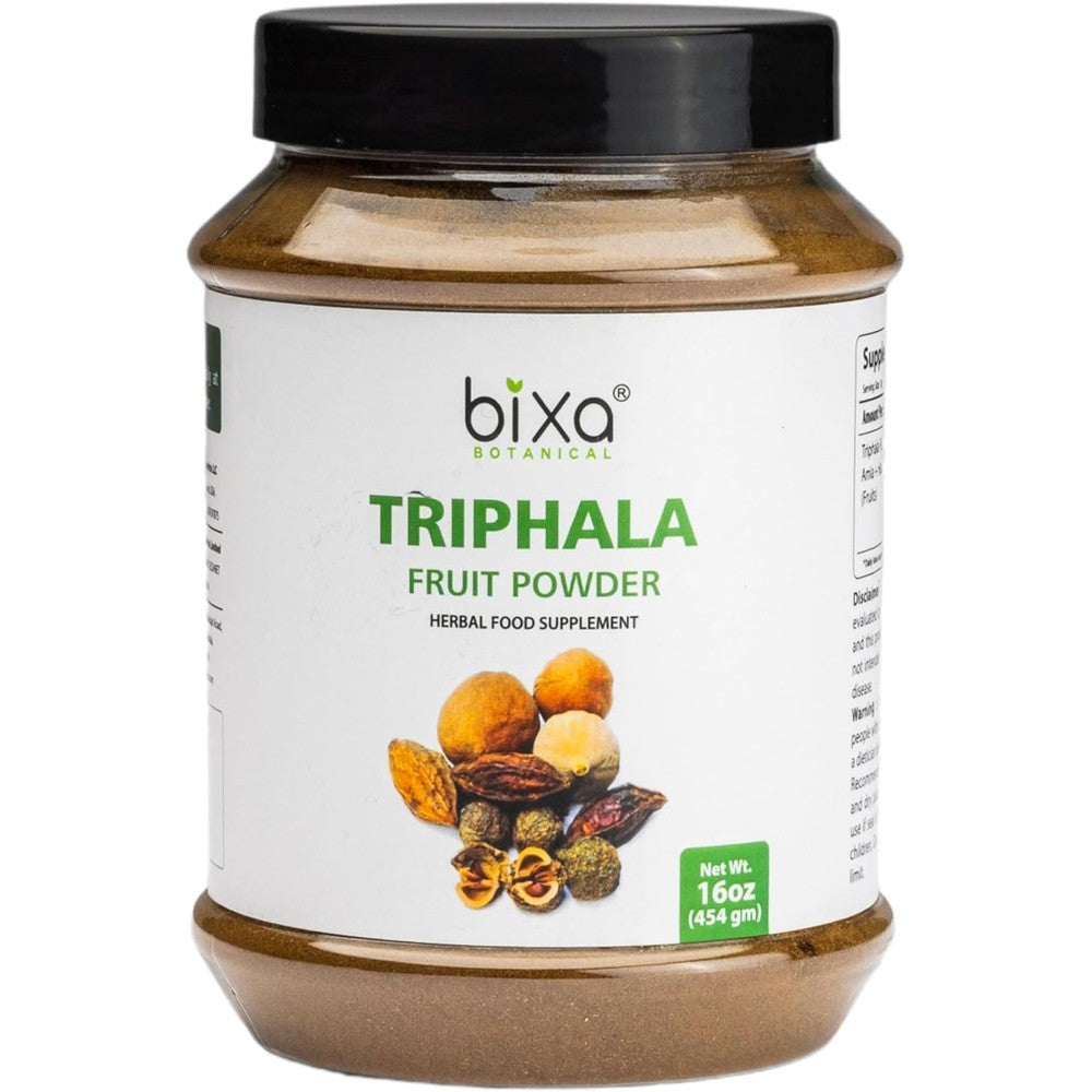 Bixa Botanical Triphala Powder 16 ounce jar front view for digestive health