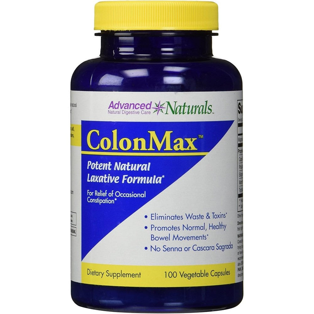 Advanced Naturals ColonMax 100 capsules front view bottle showing natural laxative label details