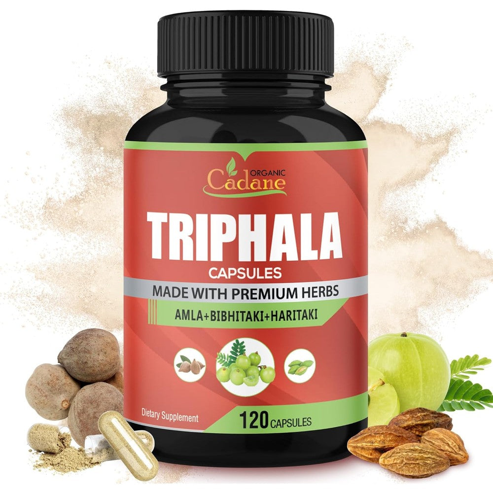 Organic Cadane Triphala 120 veggie capsules front label view digestive supplement