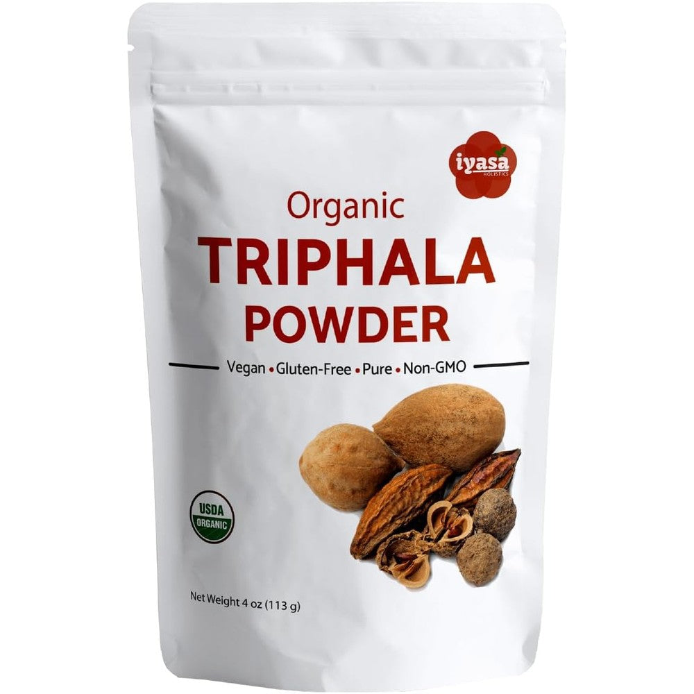 Iyasa Holistics Organic Triphala Powder front view of the 4 ounce authentic packaging.