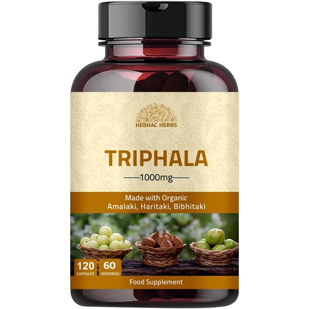 Hebhac Herbs Triphala 120 capsules front view bottle showing premium Ayurvedic fruit blend supplement.