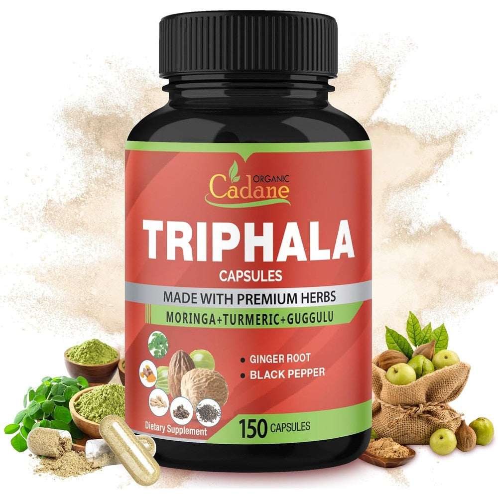 Organic Cadane Triphala 150 capsules front view showing the product label and authentic packaging.