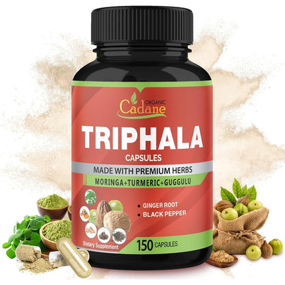 Organic Cadane Triphala 150 capsules front view showing the product label and authentic packaging.