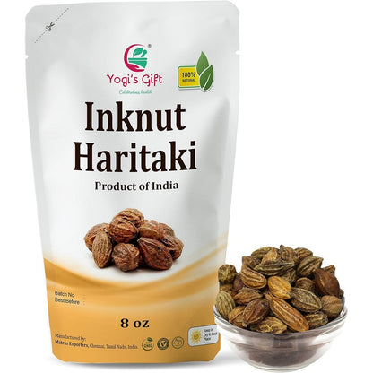 Yogi's Gift Haritaki Inknut 227 Grams front view package of authentic dried whole herb for dark circles remedy.