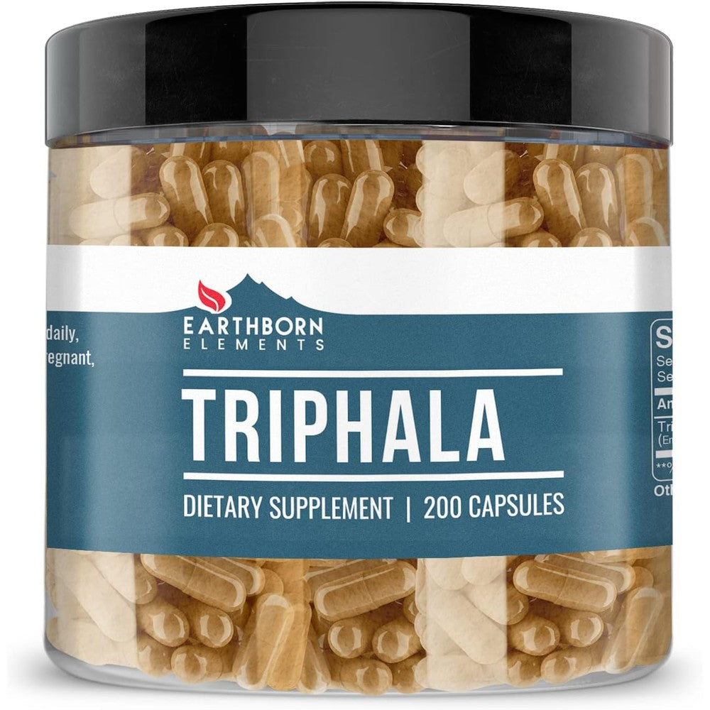 Earthborn Elements Triphala 200 Capsules bottle front view showing pure Ayurvedic supplement labels.