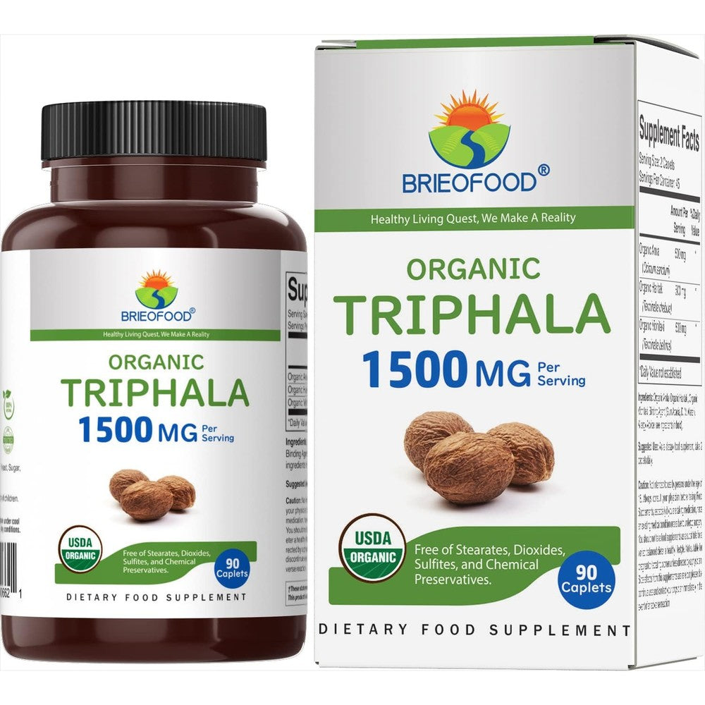 Brieofood Organic Triphala 1500mg 90 vegetarian tablets front bottle view