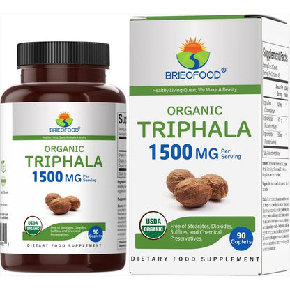 Brieofood Organic Triphala 1500mg 90 vegetarian tablets front bottle view
