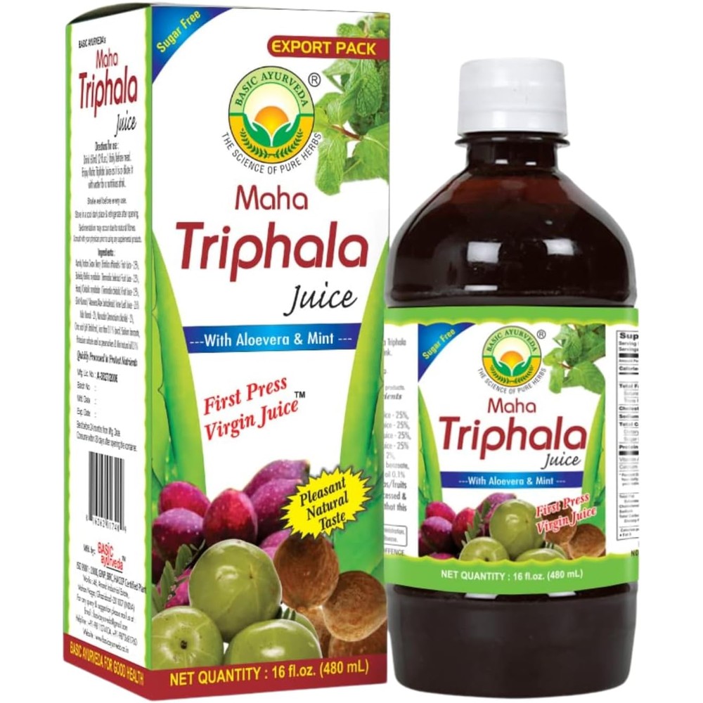 Basic Ayurveda Maha Triphala Juice front view bottle for digestive health support.