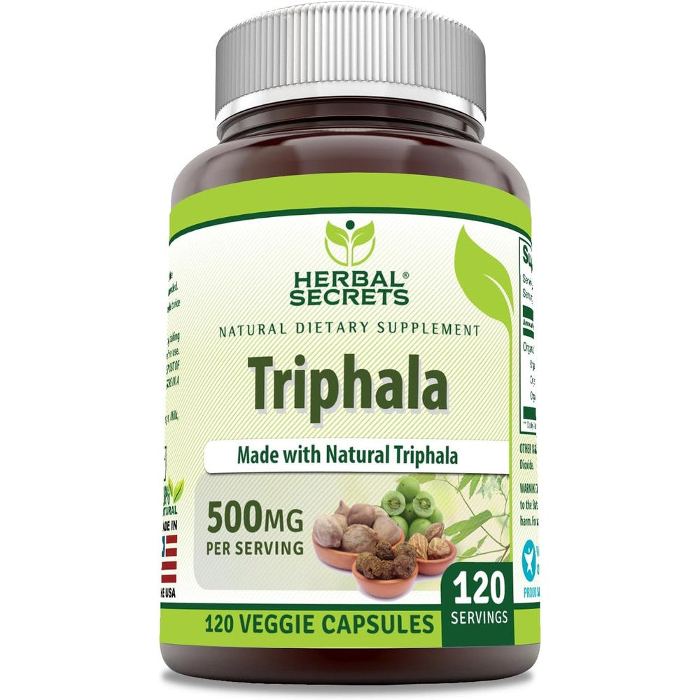 Herbal Secrets Triphala 500mg 120 veggie capsules front bottle view for digestive health