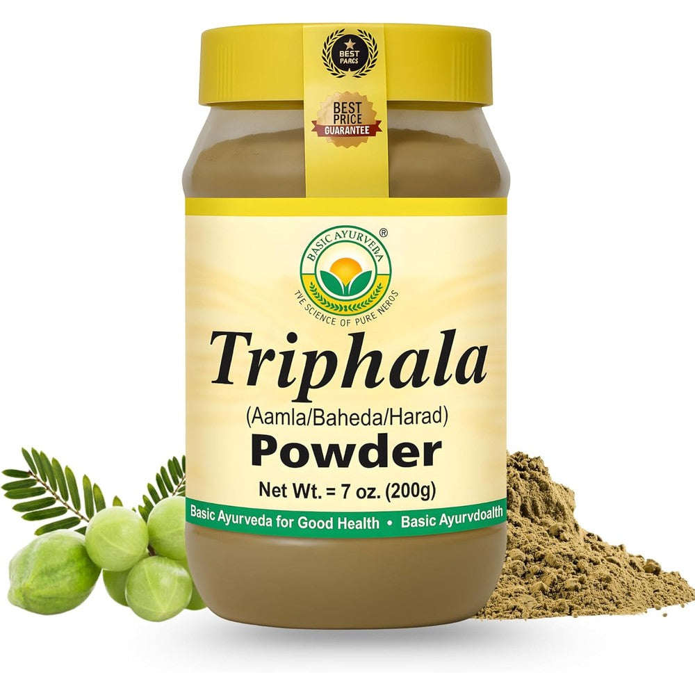 Basic Ayurveda Triphala Powder front view of container showing authentic herbal digestive blend packaging.