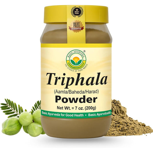 Basic Ayurveda Triphala Powder front view of container showing authentic herbal digestive blend packaging.