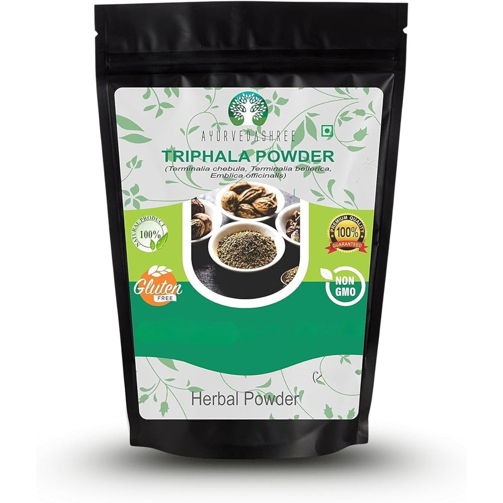 Ayurvedashree Triphala Powder 50g packaging front view showing pure herbal detox ingredients