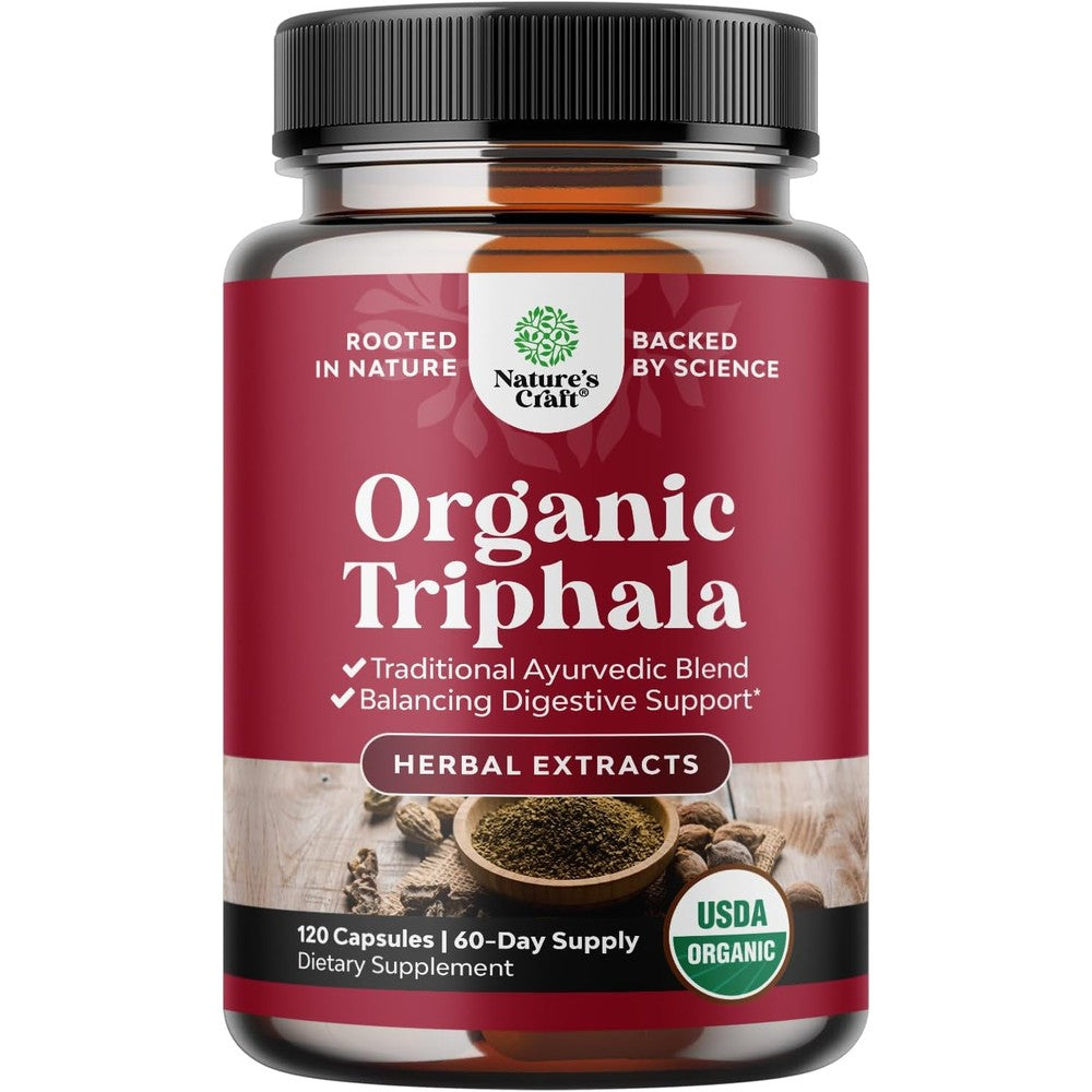 Natures Craft Organic Triphala 120 capsules bottle front view showing the red label and black cap for digestive health support