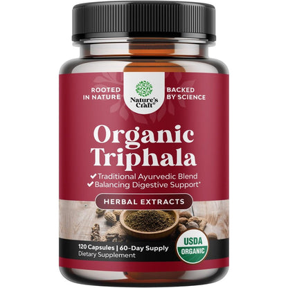 Natures Craft Organic Triphala 120 capsules bottle front view showing the red label and black cap for digestive health support